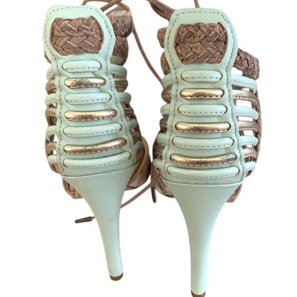 Dolce Vita Hexen Mint & Tan Lace Up Caged Animal Print Snakeskin Heels - Picture 12 of 12